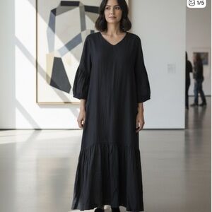 Black Crane Linen Black Oversized Long Sleeve Maxi Dress